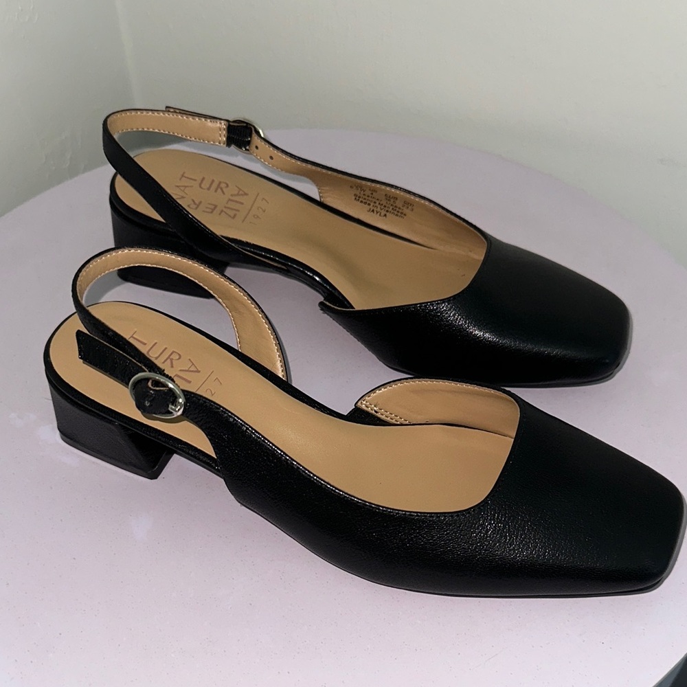Naturalizer Black Leather Slingback Square Toe Low Block Heel Mules - Picture 4 of 7
